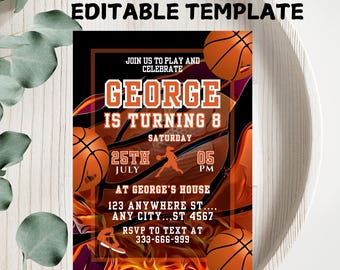 Verjaardagsuitnodiging basketbal: bewerkbare canvassjabloon (5 x 7 inch, digitale download
