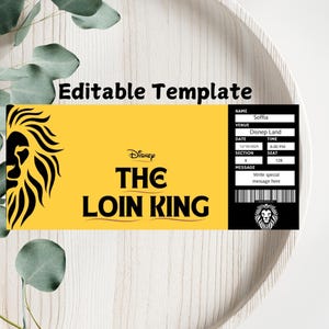 Druckbares König der Löwen-Eintrittskarte | Bearbeitbare Tickets | Musikalische Fake Überraschungs-Karte König der Löwen Souvenir Keep Sake | Sofort Download