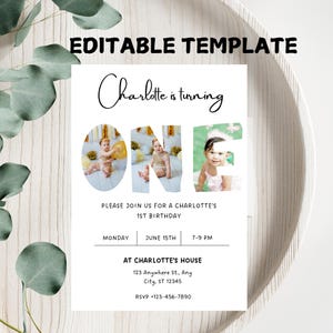1st Birthday Invitation Template, First Birthday Photo Invitation, Minimalist 1st Birthday Photo Invite, Editable Template