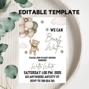 Bearbeitbare Gender Revel Bär-Babyparty-Einladung Mädchen Junge Wir können Bären-Babyparty-Einladung warten Braun Neutral Boho-Bär-Dusche einladen Er oder Sie