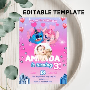 Plantilla de invitación de cumpleaños de Stitch Plantilla editable de invitación de cumpleaños de Stitch Girls Invitación de fiesta de cumpleaños de Stitch Plantilla de Canva de invitación de Stitch
