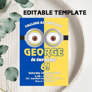 Editable Minion Birthday Invitation Template, Printable Birthday Party Invitations, , Invite Bday Card, Digital Kids Party Invite Template