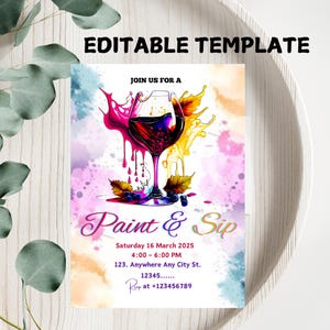 Sip and Paint Party Invitation,Editable Paint & Sip Party Invite,Wine and Paint Birthday Invite,Digital Sip and Paint Invite,InstantDownload