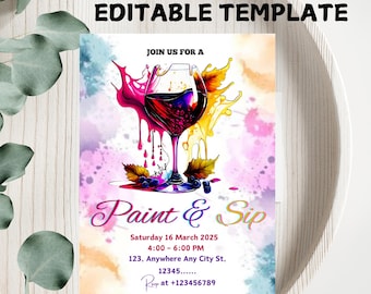 Sip and Paint Party Einladung: Bearbeitbare Wein-Geburtstagseinladung (Digitaler Download)