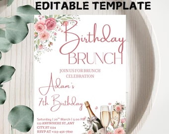 Pink Peach Floral verjaardagsuitnodiging brunch: bewerkbare canvassjabloon (5 x 7" pdf-bestand)