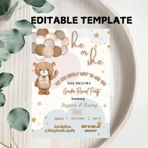 Bearbeitbare Bären-Ballons-Babyparty-Einladung, druckbare Oh-Baby-Teddybär-Babyparty-Einladung, geschlechtsneutraler Braunbär, DIGITALER DOWNLOAD