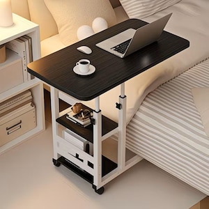 Height-Adjustable Rolling Table with Storage Shelves - Heavy-Duty Wood/Metal