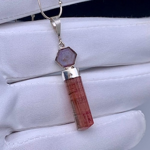 Può includere: Una collana con pendente caratterizzata da un lungo cristallo di tormalina rosso-rosato verticale, incastonato in una montatura d'argento. Sopra il cristallo si trova una pietra più piccola, esagonale, di colore viola chiaro, appesa a una catena.
