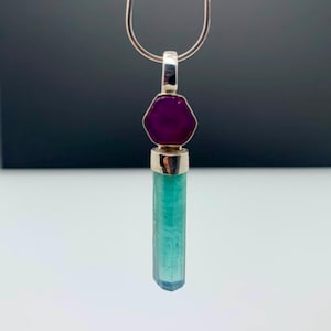 Indicolite Turmalin und Rubin Scheibe Anhänger, Sterling Silber, Oktober Geburtsstein