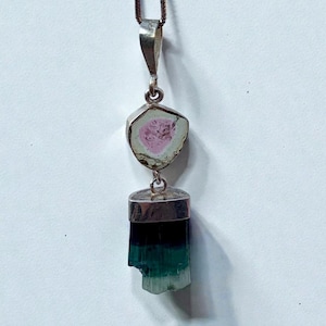 raw bi-color tormaline crystal & watermelon tourmaline slice  pendant in sterling silver 925 (9.90 carat)