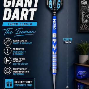May include: A 120cm long decorative dart inspired by Gerwyn Price, featuring a blue and silver barrel with a metallic point. The flight is black and blue with the text ICEMAN and WORLD CHAMPION. It includes a wall mount for display purposes.