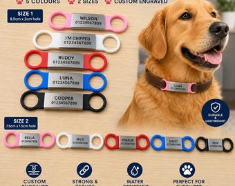 Personalised Slide On Collar Pet ID Tag | Dog & Cat Collar Name Tag | Laser Engraved | Silent Silicone Collar Tag | 2 Sizes | 5 Colours