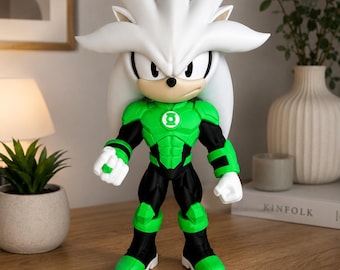 3D Printed Sonic Character Fan Art Emerald Silver Fan Art Figure – Green Lantern Inspired –  Collectible Display Model