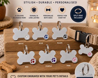 Laser Engraved Personalised Bone Pet ID Tag | Dog & Cat Name Tag | Metal Pet Tag with Coloured Paw | Custom Dog Collar Tag | Split Ring Incl