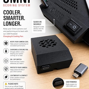 以下が含まれることがあります： Target Omniスコアリングシステム用の黒くコンパクトなUSB給電式冷却ファン。上部に通気グリル、側面にUSB-Cポート、オン/オフスイッチを備えています。Omniカメラユニットに直接スライドさせて装着するように設計されています。