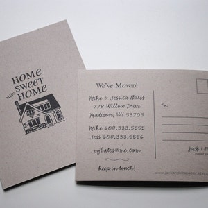 May include: A brown postcard featuring a house illustration with the text "new sweet home". The reverse side of the postcard displays a moving announcement with the text "We've Moved!" and contact details for Mike and Jessica Bates.