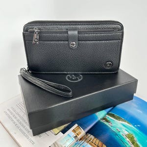Cartera de cuero genuino para hombre: billetera plegable negra larga con estuche de regalo, organizador delgado de documentos de viaje, cartera de cuero para hombre.