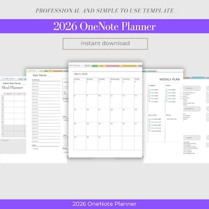 Puede incluir: Una plantilla de planificador digital para 2026, con secciones de planificación diaria, semanal y de comidas. El diseño incluye un calendario para marzo de 2026. El texto en la imagen incluye "2026 OneNote Planner" y "descarga instantánea."