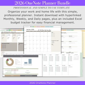 May include: A digital planner bundle for 2026, featuring monthly, weekly, and daily pages, plus an Excel budget tracker. The image displays calendar layouts and financial charts. Text includes "2026 OneNote Planner Bundle" and "Professional and Simple to Use Template."