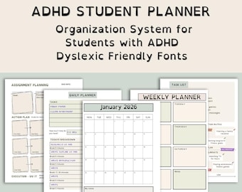 ADHD学生プランナー 2026/2027 | 課題トラッカー | ブレインダンプ | 印刷可能なA5 | USレターサイズ | ディスレクシア対応