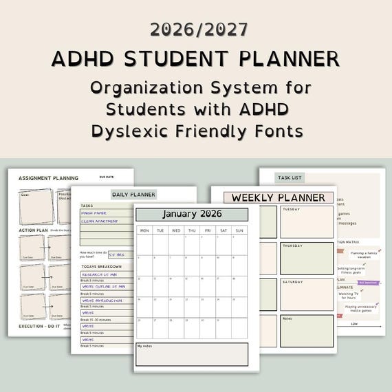 ADHD Student Planner 2026/2027 | Assignment Tracker | Brain Dump | Printable A5 | US Letter | Dyslexia-Friendly