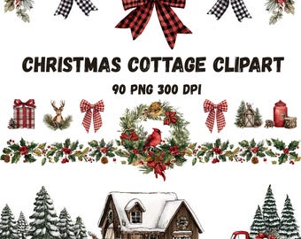 クリスマスコテージのクリップアート90点 | 300 DPI PNG | 居心地の良いホリデーコテージコアイラスト | 冬の家の風景のクリップアート | すぐにダウンロード
