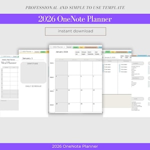 May include: A digital planner template for 2026, designed for OneNote. The image displays several open planner pages, including a weekly calendar, a meal planner, and a daily schedule. The design is clean and professional, with the text "instant download".
