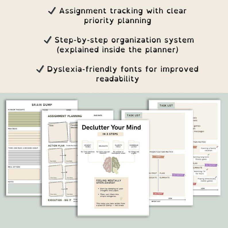 ADHD Student Planner 2026/2027 | Assignment Tracker | Brain Dump | Printable A5 | US Letter | Dyslexia-Friendly image 3