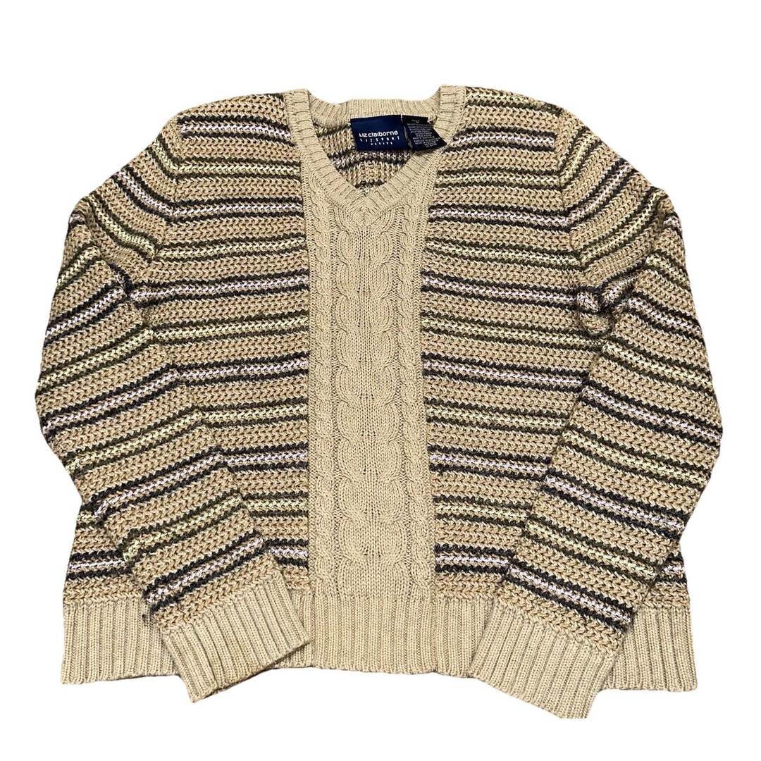 Liz Claiborne Y2K Striped Wool Blend Cable Knit V-neck Sweater 