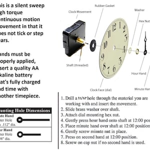 K&ouml;nnte beinhalten: Ein Uhrwerk-Set mit Anweisungen zum Zusammenbauen der Uhr. Das Set enth&auml;lt ein Zifferblatt, Zeiger, eine Welle, eine Unterlegscheibe, eine Sechskantmutter, eine Kappe und eine Gummidichtung. Das Uhrwerk ist leise und hat ein hohes Drehmoment.