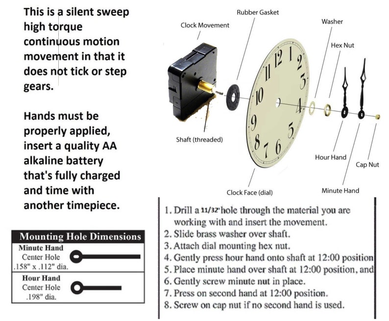 K&ouml;nnte beinhalten: Ein Uhrwerk-Set mit Anweisungen zum Zusammenbauen der Uhr. Das Set enth&auml;lt ein Zifferblatt, Zeiger, eine Welle, eine Unterlegscheibe, eine Sechskantmutter, eine Kappe und eine Gummidichtung. Das Uhrwerk ist leise und hat ein hohes Drehmoment.