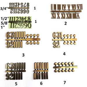 May include: Assortment of gold-colored clock numbers and Roman numeral clock faces. The numbers are in different sizes, including 3/4 inch, 1/2 inch, 5/8 inch, and 1 inch. The Roman numeral clock faces are in two sizes. The numbers and clock faces are packaged in separate plastic bags.