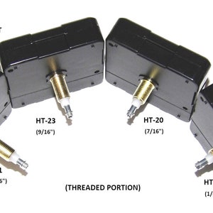 May include: Four black clock movements with extended shafts of varying lengths. The shafts are labeled with their size in inches: 1/4", 7/16", 9/16", and 15/16". The movements are labeled "HT-15", "HT-20", "HT-23", and "HT-31". The text "HIGH TORQUE EXTENDED SHAFT" and "SIZE: 2-1/8" SQX5/8"D" is also visible. The text "(THREADED PORTION)" is visible below the movements.