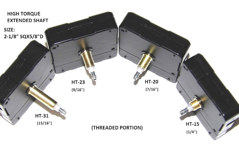 K&ouml;nnte beinhalten: Vier schwarze Uhrwerke mit verl&auml;ngerten Wellen und unterschiedlichen L&auml;ngen. Die Wellen sind Gewindefr&auml;sen und mit der Modellnummer und der L&auml;nge in Zoll gekennzeichnet. Der Text "HIGH TORQUE EXTENDED SHAFT" und "SIZE: 2-1/8" SQX5/8"D" ist oben im Bild sichtbar. Der Text "(THREADED PORTION)" ist unten im Bild sichtbar.