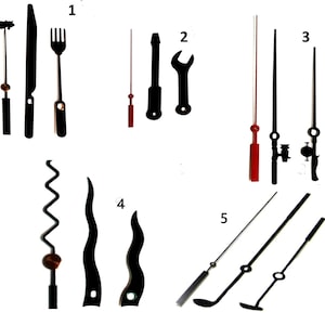 May include: A collection of black clock hands featuring various shapes including cutlery, tools, fishing rods, wavy lines, and sports equipment. The sets are numbered 1 through 5, with some sets including a thin red second hand with a circular accent.