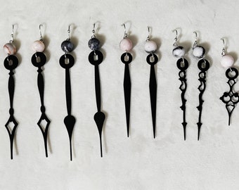 Black Clock Hand Earrings with Pink Jasper Beads