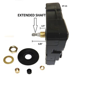 Puede incluir: Un movimiento de reloj negro con un eje extendido, etiquetado como "HT-15". El eje mide 16 mm de largo y se extiende 6 mm desde el movimiento del reloj. El paquete incluye una arandela negra, una arandela dorada, una tuerca dorada, una perilla dorada, una perilla negra y un pasador dorado.