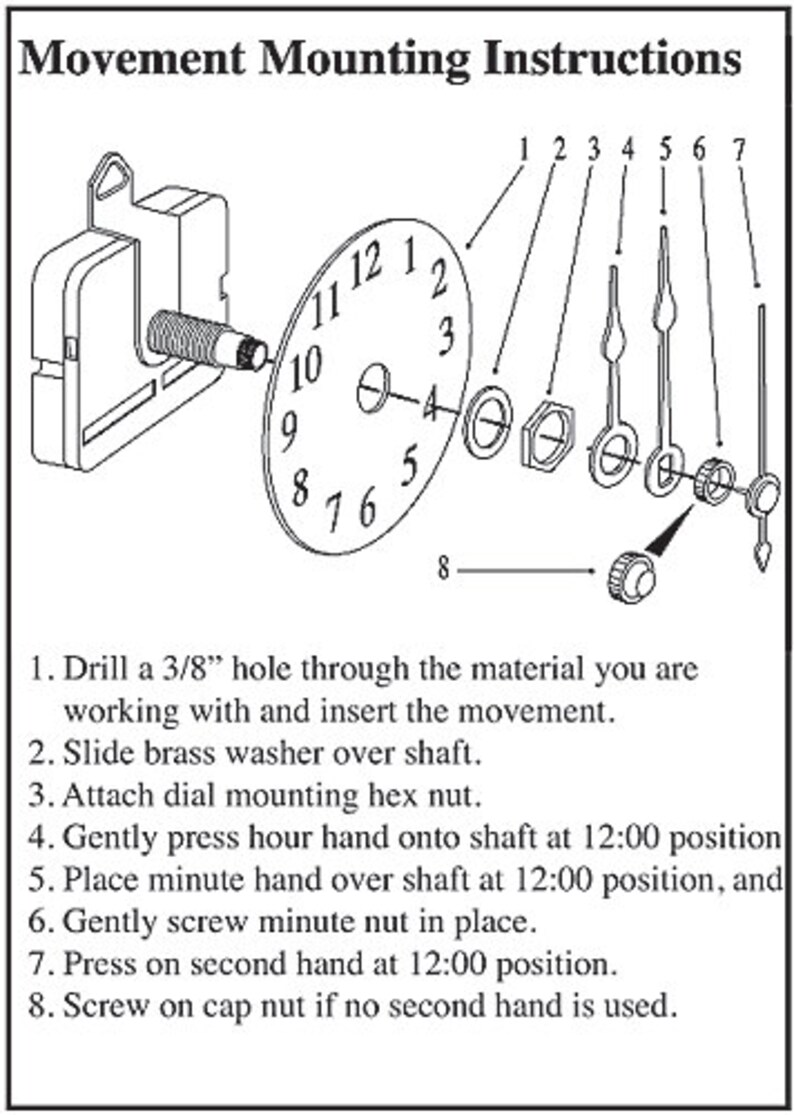 High Torque Quartz Clock Movement Silent Sweep with 12 Large Spaded Hands No6 Wall Mounting Hub and Deluxe Hour Numbers