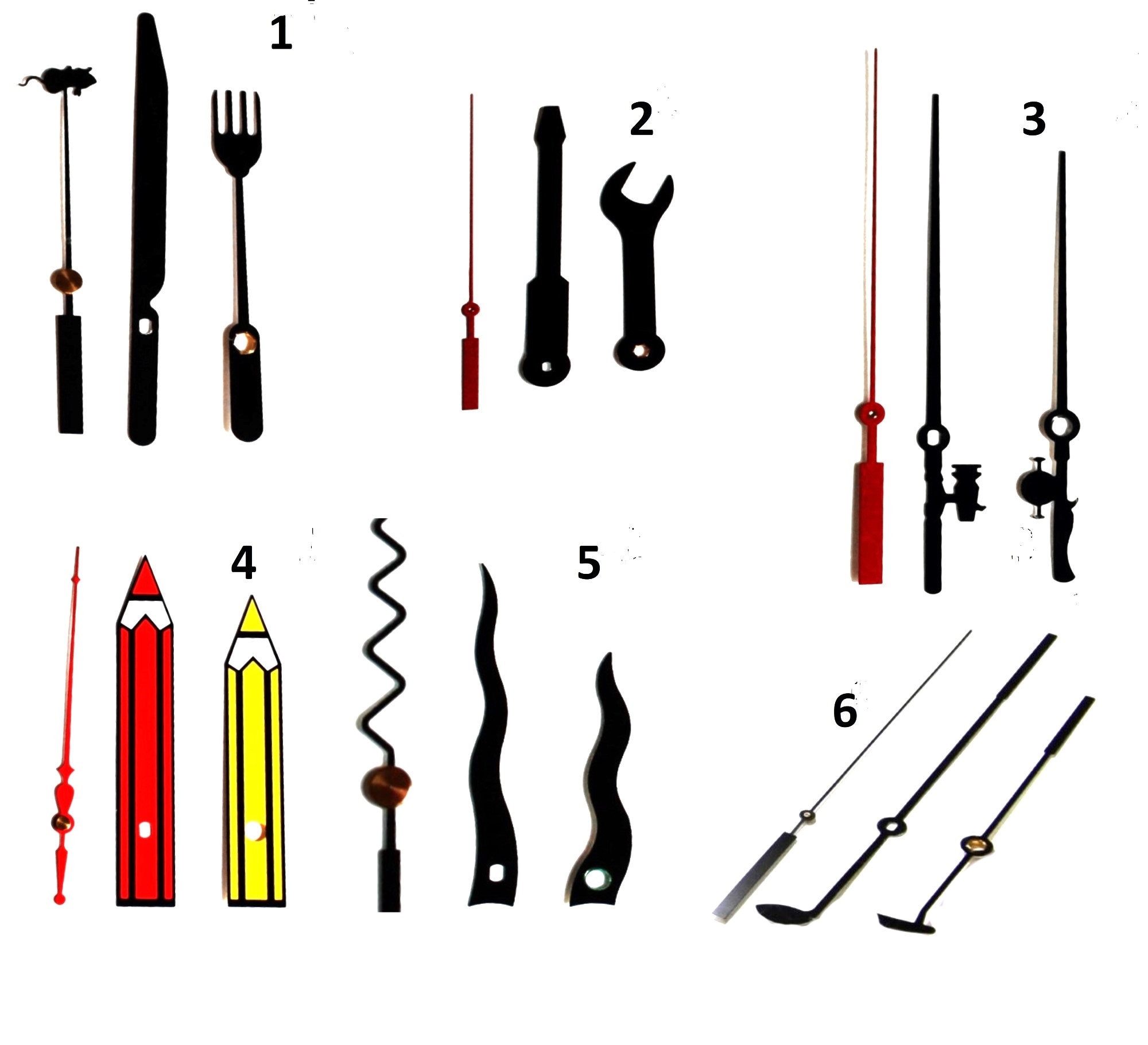 Specialty - Novelty Clock Hands Tools/Crayons/Silverware/Fishing Poles/Wavy/Golf Clubs