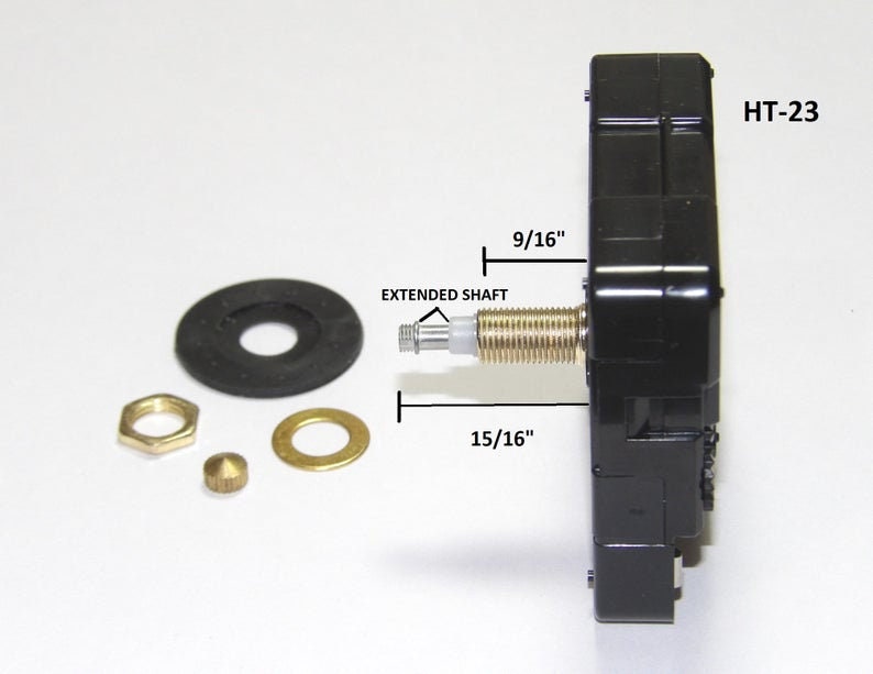 May include: Black clock movement with a 9/16 inch extended shaft and a 15/16 inch total shaft length. The movement is labeled HT-23. The package includes a black washer, a gold nut, a gold washer, and a gold pin.