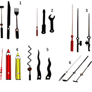 May include: Assortment of clock hands in various styles and colors, including a fork, knife, pencil, wrench, and a fishing rod. The hands are numbered 1 through 6.