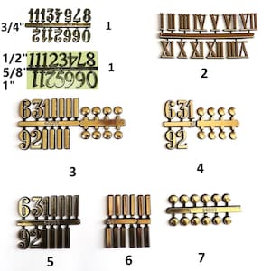 May include: Assortment of gold-colored clock numbers and Roman numeral clock faces. The numbers are in different sizes, including 3/4 inch, 1/2 inch, 5/8 inch, and 1 inch. The Roman numeral clock faces are in two sizes. The numbers and clock faces are packaged in separate plastic bags.