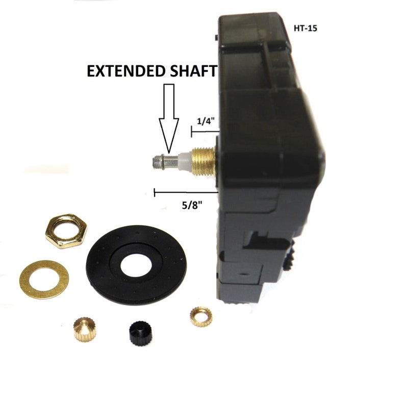 May include: A black clock movement with an extended shaft, labeled "HT-15". The shaft is 5/8 inches long and extends 1/4 inch from the clock movement. The package includes a black washer, a gold washer, a gold nut, a gold knob, a black knob, and a gold pin.