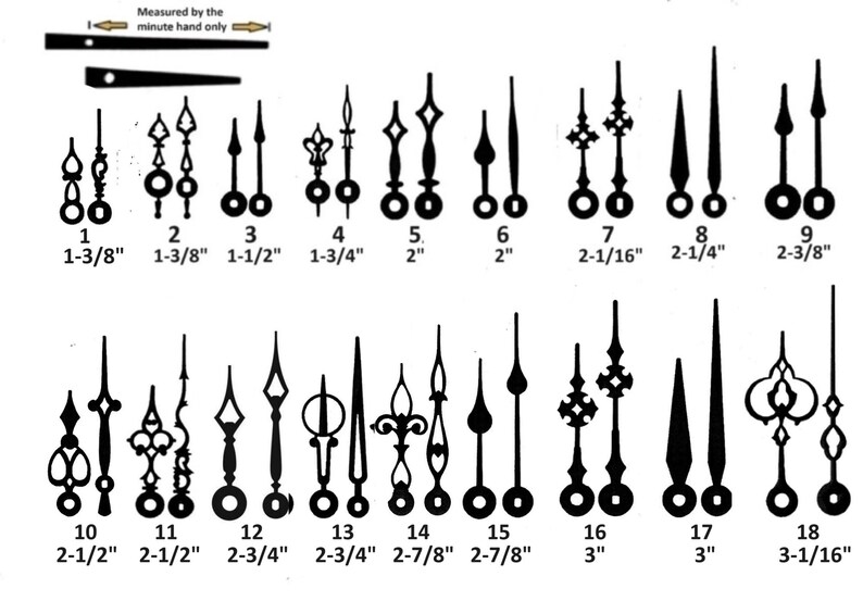 May include: A chart showing 18 different clock hand styles with measurements in inches. The clock hands are black and are shown in pairs, one for the hour hand and one for the minute hand.