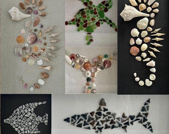 60cm 大型　貝殻アートタイル 竪琴を奏でる。 7x9 Framed Coastal Shell Art | Beachcomber's Collection | Ocean