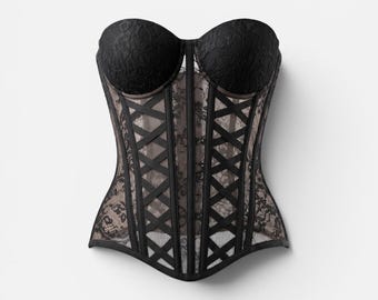 Black Lace Corset | Sheer Bustier | Waist Cincher | Handmade Shaping Corset | Corset Top | Luxury Lingerie