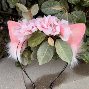 Handmade Rose Petal Kitten Ears Pink Faux Fur Cat Ears with Flower Crown Neko Petplay Ears