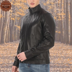 Echte Lammfell-Lederjacke für Herren - Slim Fit-Schwarz-Bikermantel - Stehkragen-Lederoberbekleidung mit Reißverschluss für Sie und Ihre Lieben