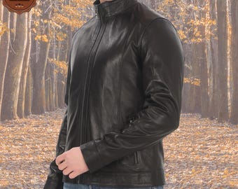 Mens Long Sleeve Stand Collar Leather Fleece Lined Zip Warm