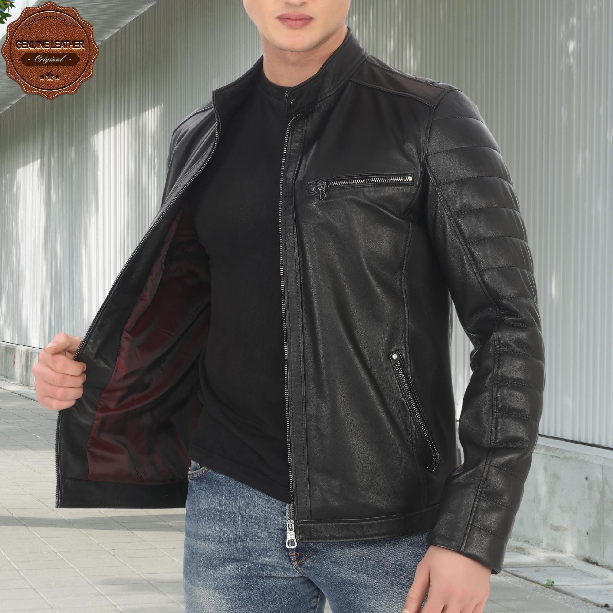 Men's Real Lambskin Leather Jacket – Biker Motorcycle Style – Slim Fit Black Coat By NFLeather